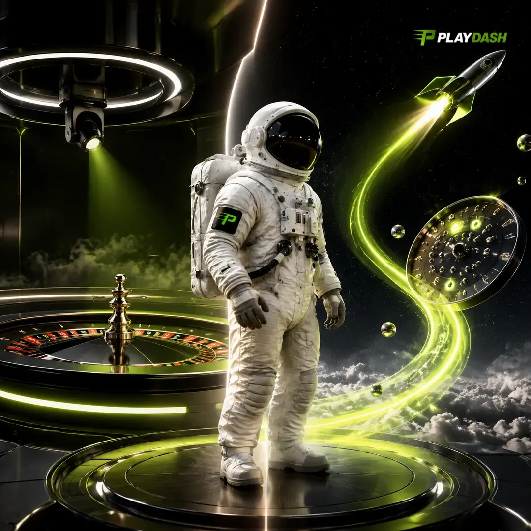 PlayDash artwork of an astronaut beside a roulette wheel, with a rocket trailing a green arc