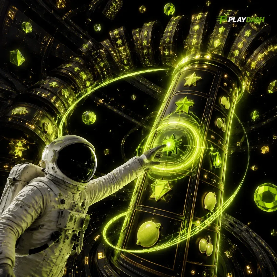 PlayDash artwork of an astronaut reaching towards a glowing column of slot symbols
