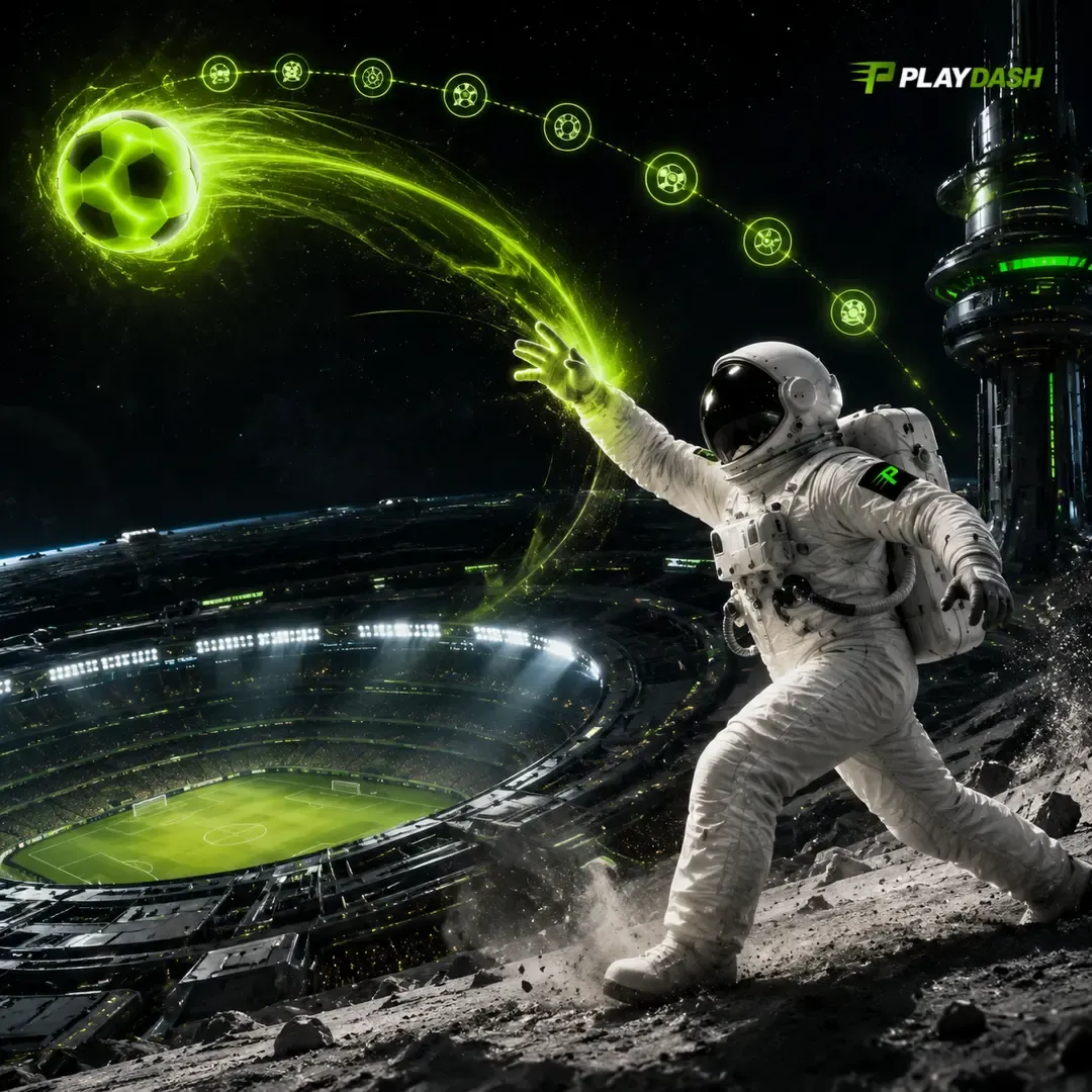 PlayDash artwork of an astronaut throwing a glowing football towards a stadium