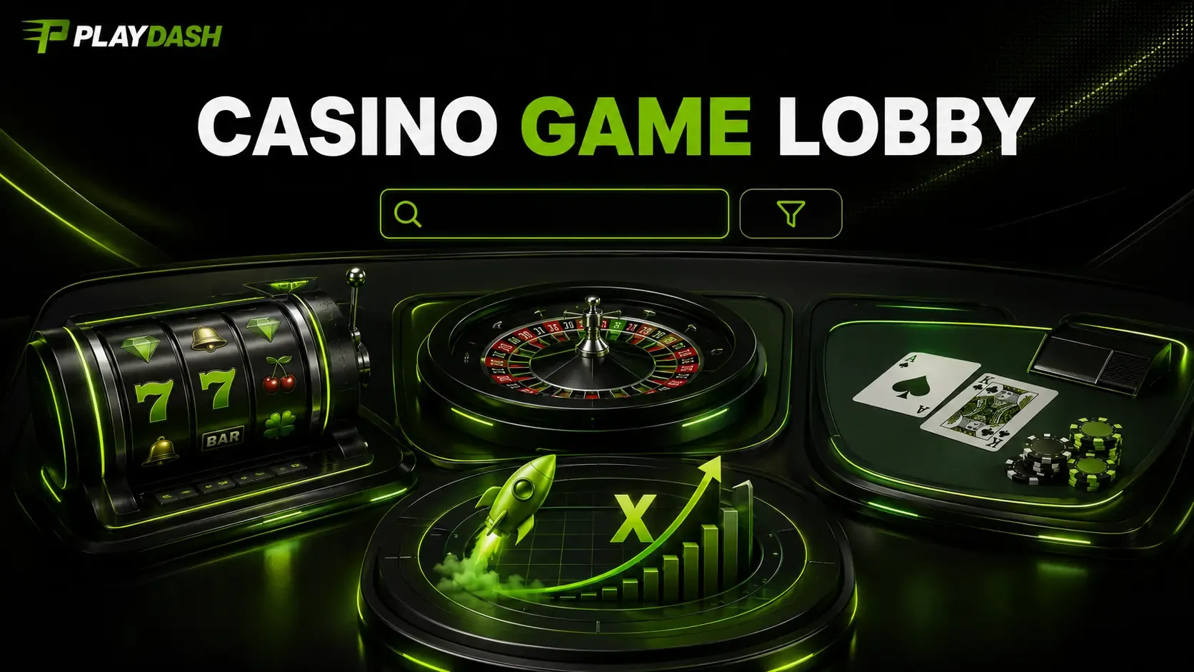 PlayDash “Casino game lobby” artwork with a slot machine, roulette wheel, card table and a rising multiplier rocket