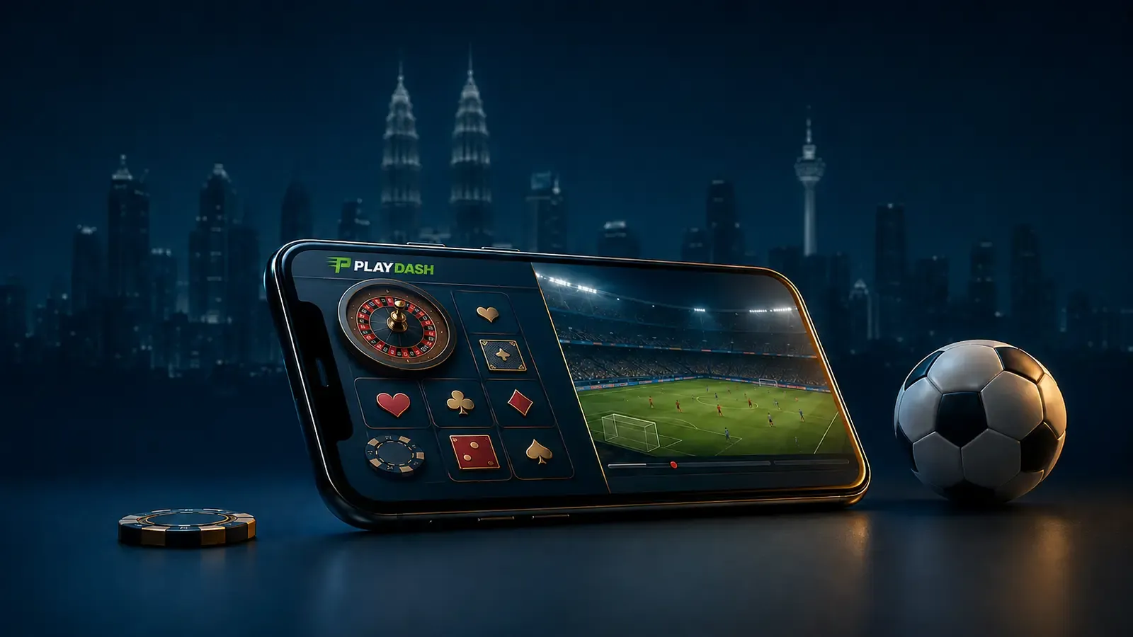 Illustration of a phone showing casino tables and a football match, in front of the Kuala Lumpur skyline at night