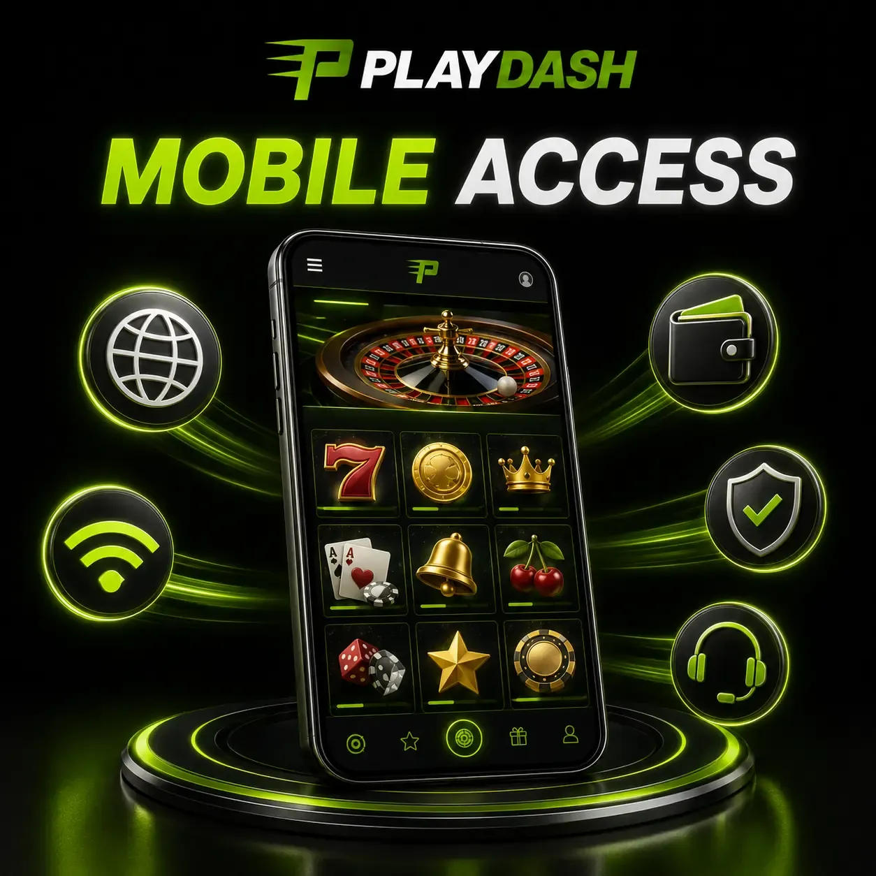 PlayDash “Mobile access” artwork of a phone surrounded by browser, wallet, security and support icons
