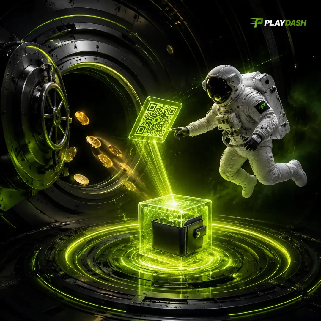 PlayDash artwork of an astronaut scanning a glowing code beside a vault and a wallet