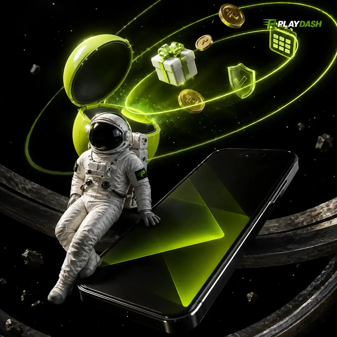 PlayDash artwork of an astronaut sitting on a phone while a gift, coins and a calendar orbit an opened capsule