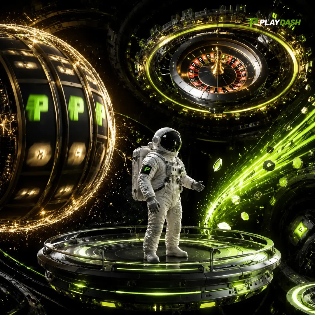 PlayDash artwork of an astronaut on a platform between a slot drum and a roulette wheel